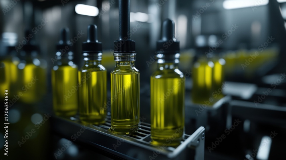 Bottles of yellow liquid arranged in a factory setting with machinery in the background Bottles of yellow liquid arranged in a factory setting with machinery in the background