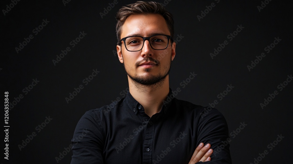 Portrait of confident businessman with folded arms wearing eyeglasses on black background Portrait of confident businessman with folded arms wearing eyeglasses on black background