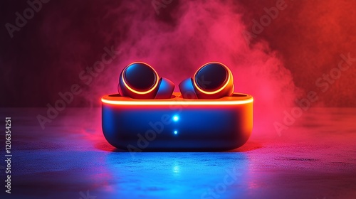 Wireless Earbuds Charging Quietly in a Dark Space Illuminated by Colorful Lights and Surrounded by Mist