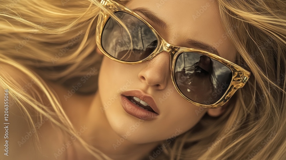 A young woman with long, flowing hair poses confidently while wearing oversized sunglasses A young woman with long, flowing hair poses confidently while wearing oversized sunglasses