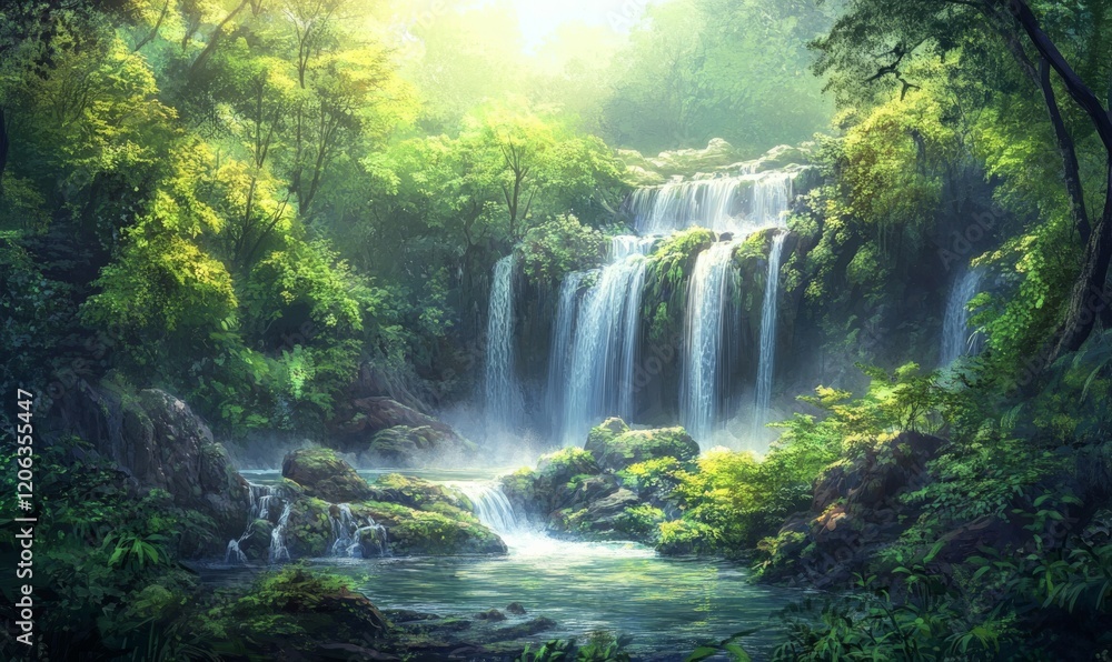 A stunning waterfall surrounded by dense foliage and vibrant greenery, dense forest, emerald A stunning waterfall surrounded by dense foliage and vibrant greenery, dense forest, emerald