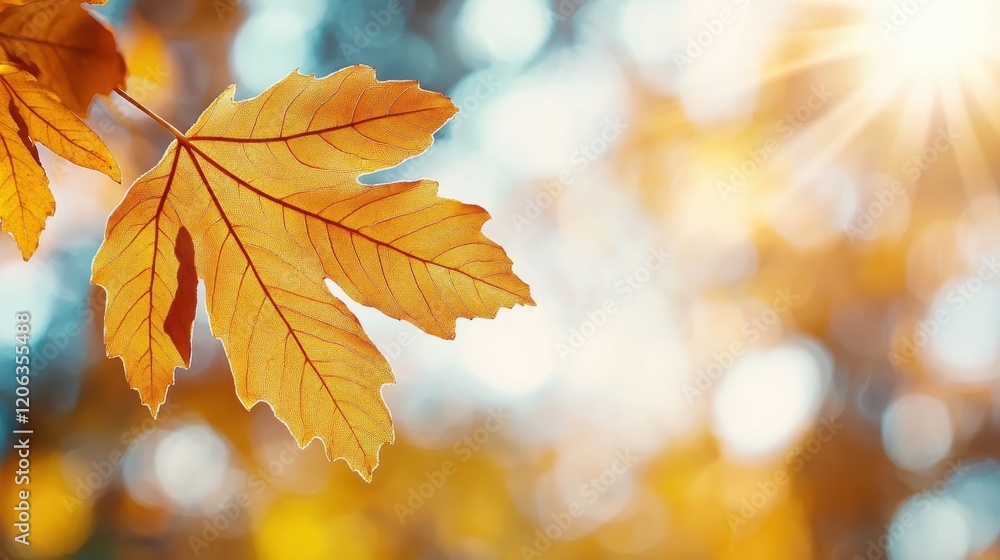 Fototapeta premium Vibrant yellow autumn leaf with a backdrop of golden bokeh hues