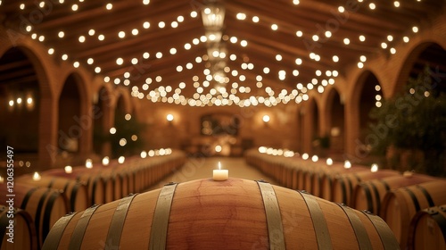 Rustic Wine Cellar with Candlelight, Long Rows of Oak Barrels, Arched Ceiling, Golden Ambiance photo