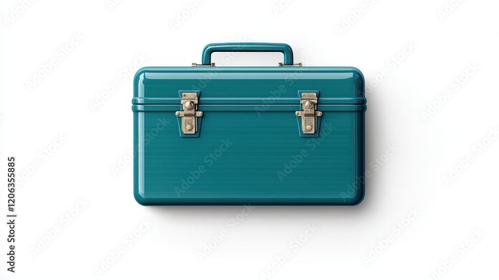 Storage Box Concept. A teal metal toolbox with two latches and a handle on top. Storage Box Concept. A teal metal toolbox with two latches and a handle on top.