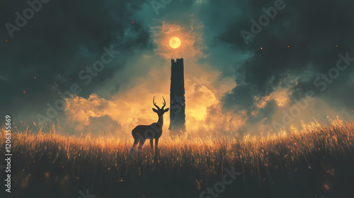 A diminutive antelope standing in a sea of towering grass under an obsidian sky. Obsidian Tower. Illustration