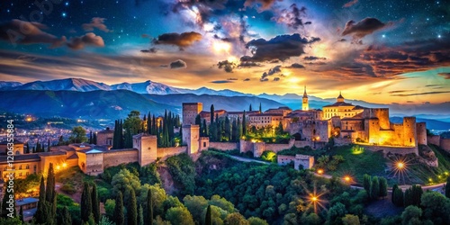 Surreal Night Granada: Alhambra Palace Majestic Cityscape