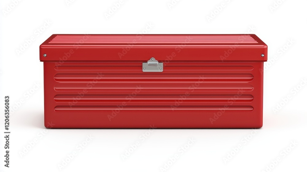 Storage Box Concept. Red metal toolbox with a hinged lid and ribbed design. Storage Box Concept. Red metal toolbox with a hinged lid and ribbed design.