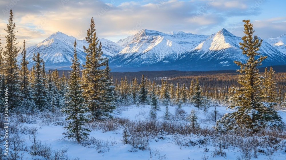 Snowcapped Mountains and Winter Evergreen Forest Scene Snowcapped Mountains and Winter Evergreen Forest Scene