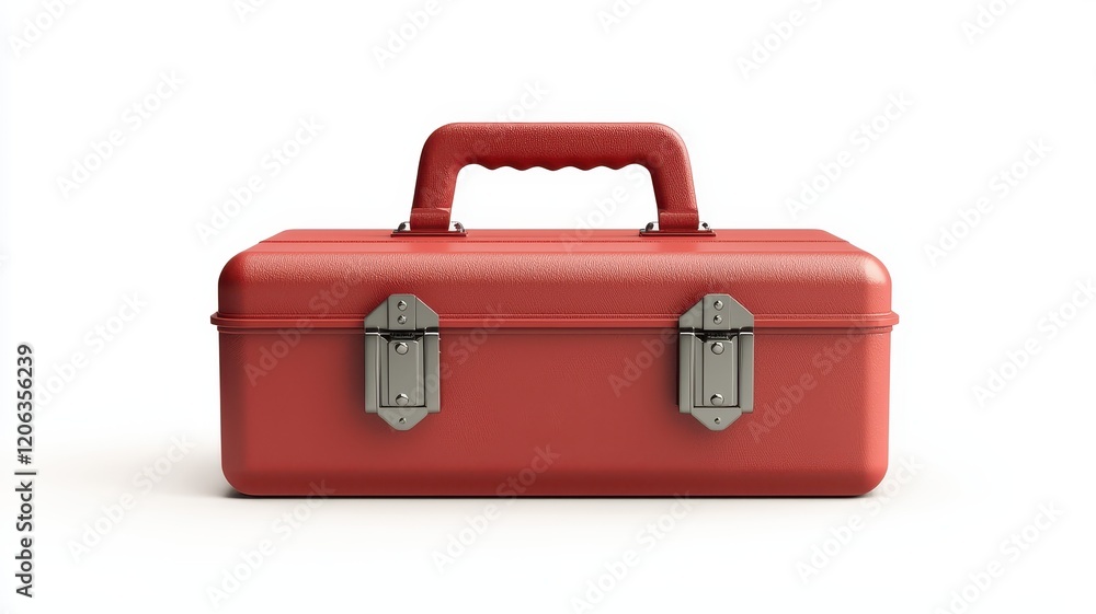 Storage Box Concept. Red toolbox with a textured handle and metal latches on a white background. Storage Box Concept. Red toolbox with a textured handle and metal latches on a white background.