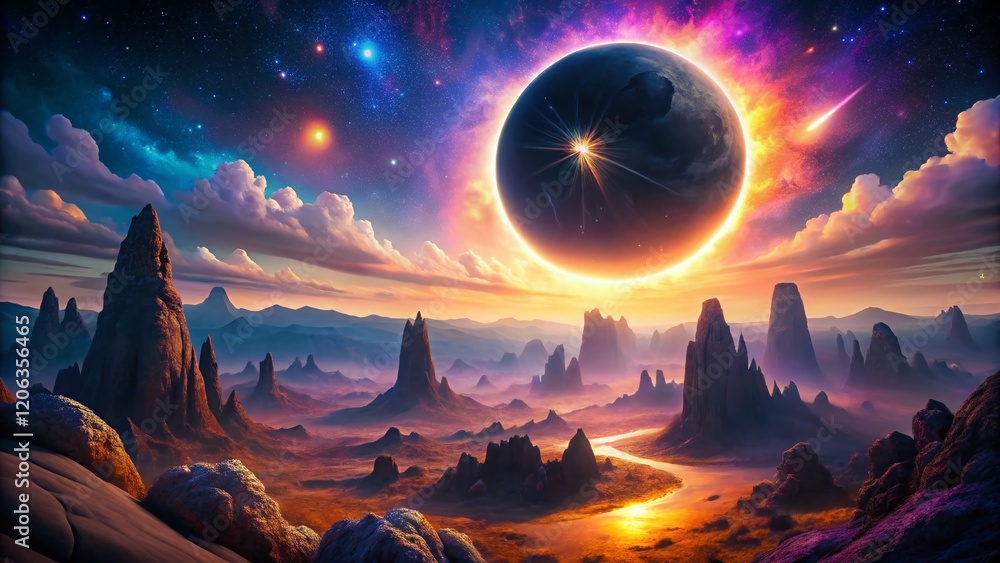Surreal Solar Eclipse Over Alien Planet - Double Exposure Stock Photo Surreal Solar Eclipse Over Alien Planet - Double Exposure Stock Photo