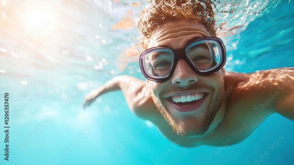 Naklejka premium Young male swimmer glides effortlessly underwater in Olympic pool