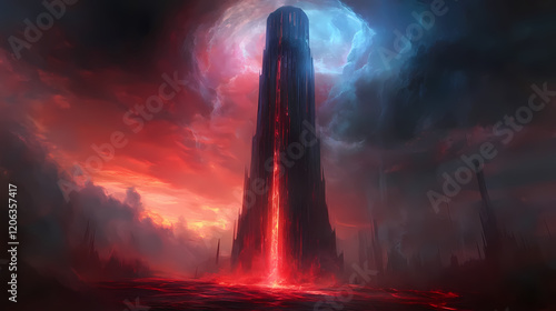 A towering, obsidian spire with a fiery glow erupts from a bloodred lake. the spire is surrounded by swirling, ethereal energy in shades of red and blue. Obsidian Tower. Illustration photo