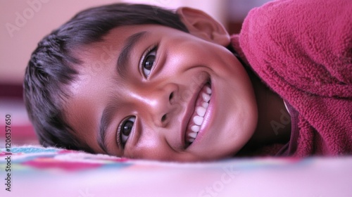 A joyful young boy with short hair is lying comfortably on a vibrant patterned carpet. He has a broad smile and bright eyes, capturing a moment of playful happiness