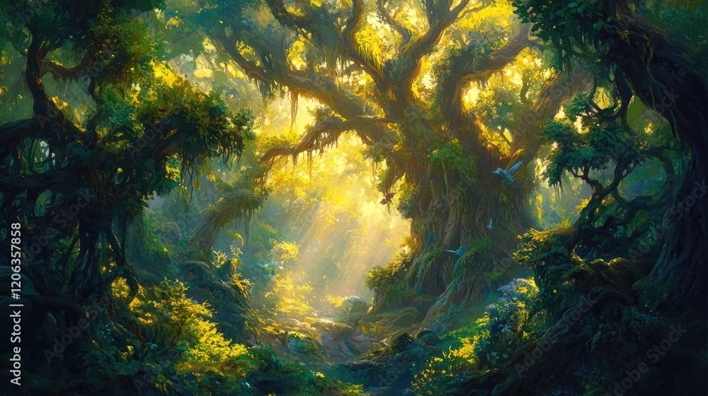 Sunlit Path Through Lush Enchanting Green Forest Sunlit Path Through Lush Enchanting Green Forest