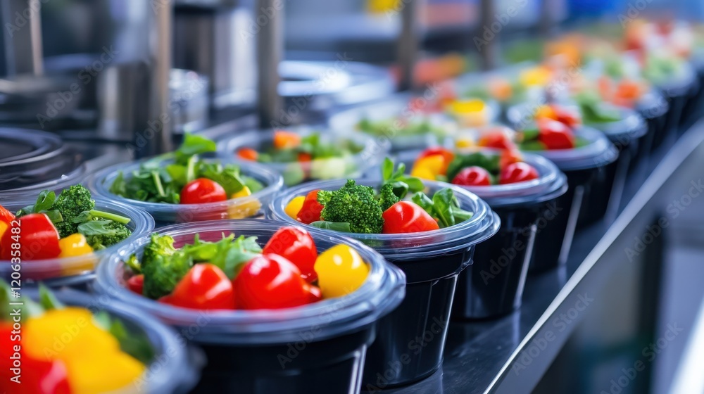 Freshly prepared salad containers lined up in a bustling kitchen with vibrant vegetables Freshly prepared salad containers lined up in a bustling kitchen with vibrant vegetables