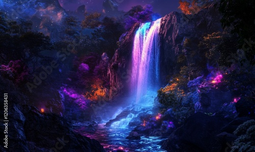 Wallpaper Mural A majestic waterfall cascades down a rocky slope as colorful lights illuminate the surrounding landscape Torontodigital.ca