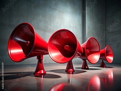 Three Red Megaphones with Hyperrealistic Shadows - Fashion Photography Stock Image