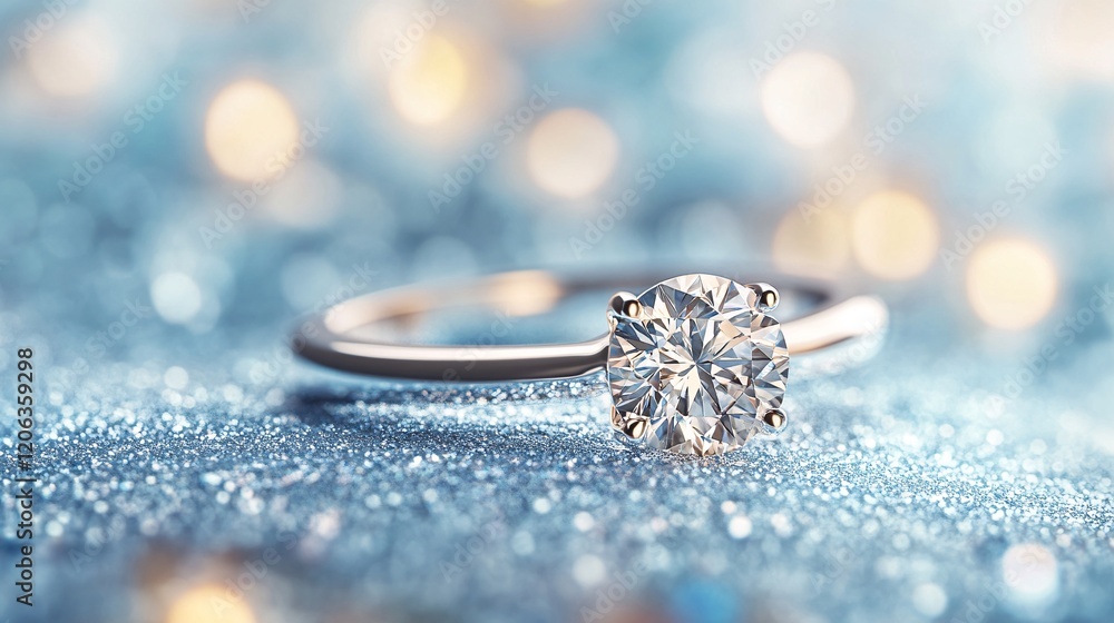 Shiny diamond ring sparkling on glittering blue background Shiny diamond ring sparkling on glittering blue background