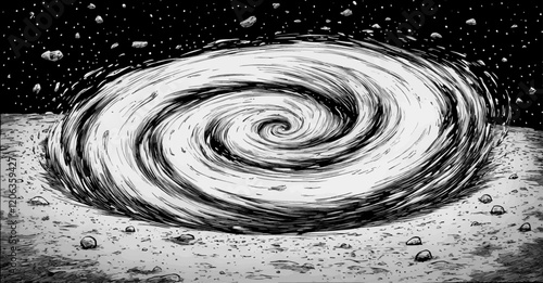 Black and White Illustration of a Swirling Spiral Vortex on a Textured Surface with Cosmic and Abstract Elements