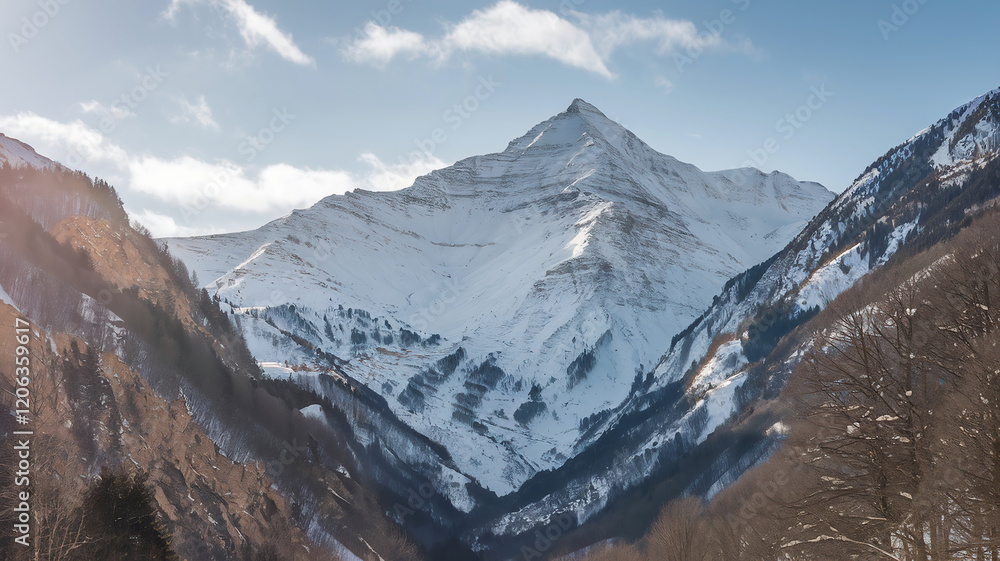 Fototapeta premium A photo of the Swiss Alps during winter. The mountains are covered with snow and ice. The trees have no leaves