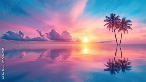 Dreamy Sunset Over the Sea: Two silhouetted palm trees stand gracefully against a vibrant, multi-hued sunset over a calm ocean.  The sky is ablaze with hues of pink, orange, and purple.