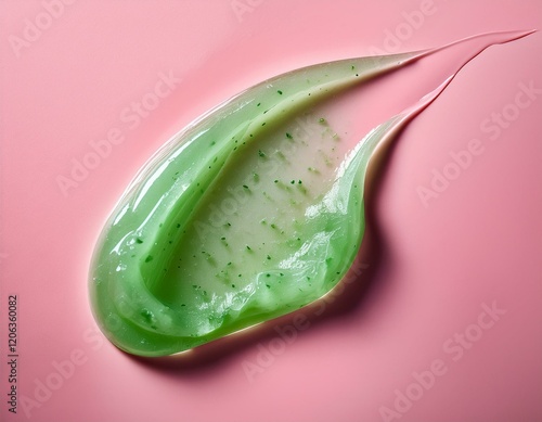 mint green exfoliating gel swatch on a pink background aloe vera cucumber or eucalyptus scrub or toothpaste texture1.jpg photo