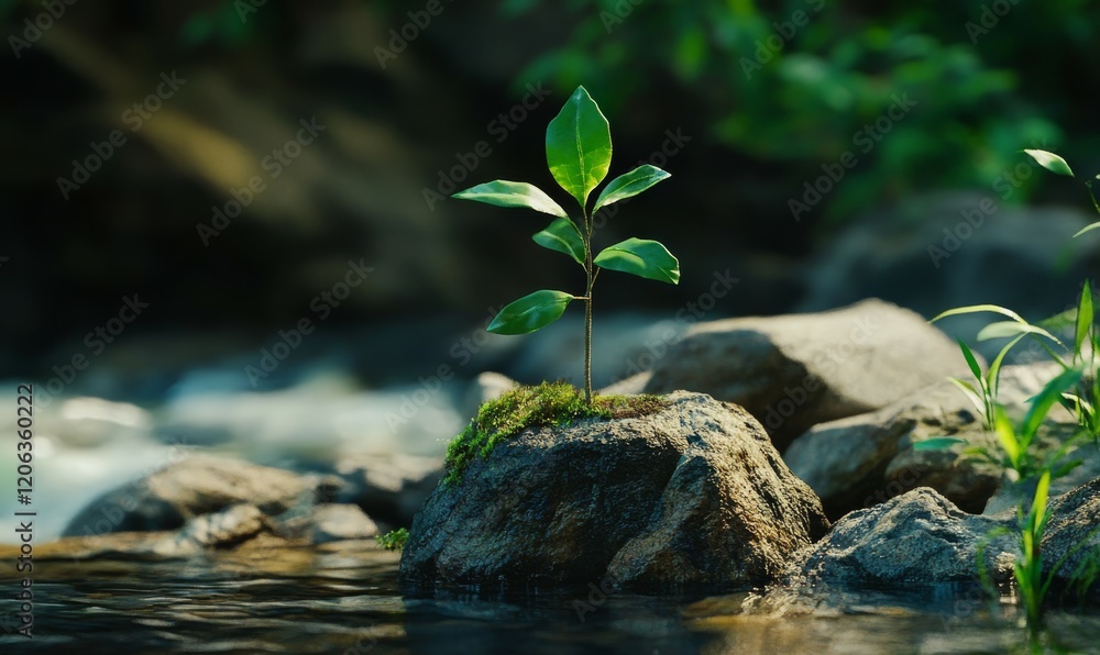 A tiny seedling sprouting from a rocky outcropping beside the river surrounded by lush vegetation, nature scene, small tree, rocky riverbank, seedling A tiny seedling sprouting from a rocky outcropping beside the river surrounded by lush vegetation, nature scene, small tree, rocky riverbank, seedling