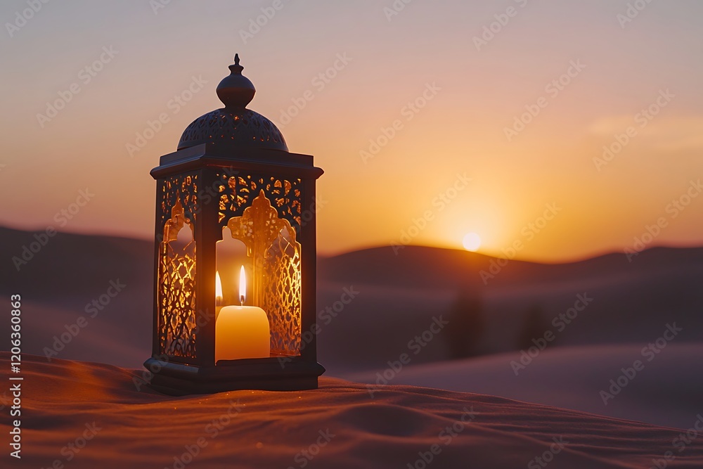 A Traditional Arabic Lantern with a Lit Candle Standing on a Table A Traditional Arabic Lantern with a Lit Candle Standing on a Table