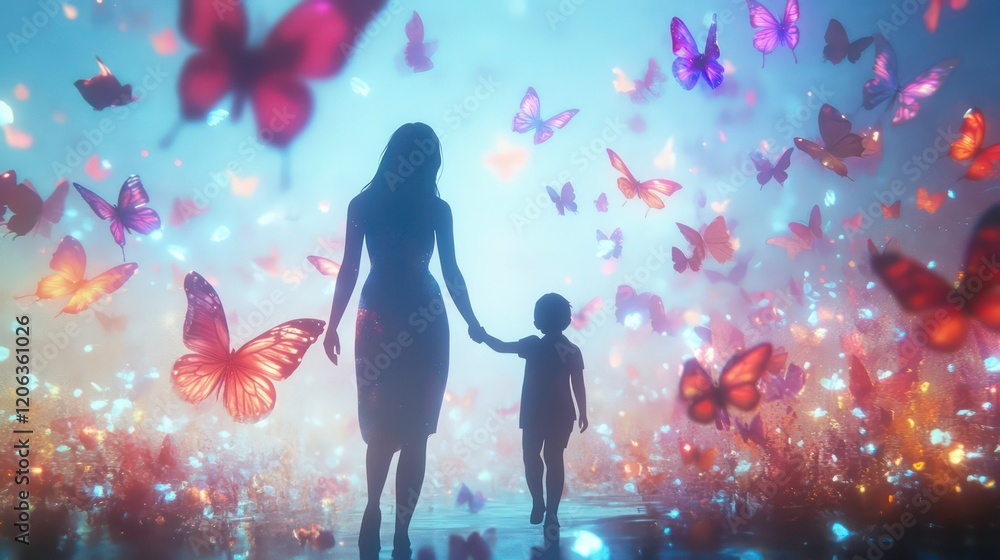 Silhouetted mother and child walk hand-in-hand amidst a vibrant swarm of colorful butterflies. Silhouetted mother and child walk hand-in-hand amidst a vibrant swarm of colorful butterflies.