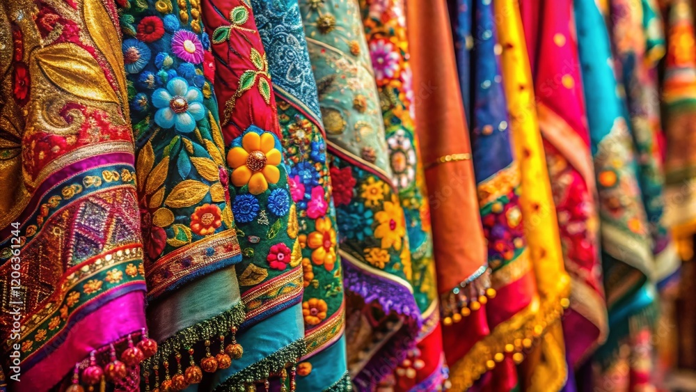 Vibrant Arabian Souq Shawls: Macro Photography of Colorful Textile Details Vibrant Arabian Souq Shawls: Macro Photography of Colorful Textile Details