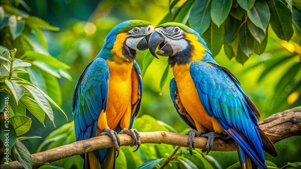 Vibrant Blue and Gold Macaws Perched on Lush Green Branch, Tropical Bird Wildlife Photography Vibrant Blue and Gold Macaws Perched on Lush Green Branch, Tropical Bird Wildlife Photography