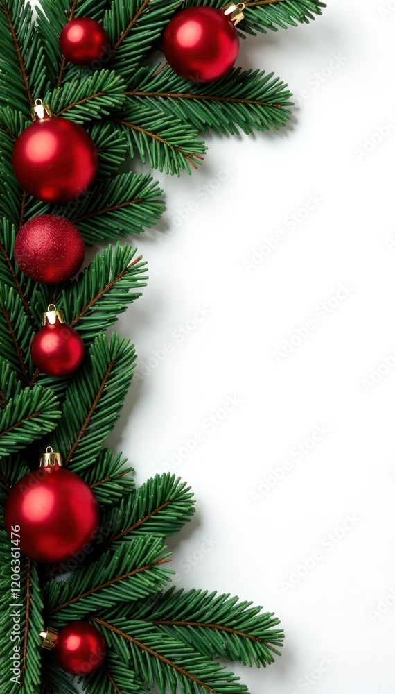 Pine branches and red ornaments intertwined to create a lush wreath, pine branch, holiday decor Pine branches and red ornaments intertwined to create a lush wreath, pine branch, holiday decor