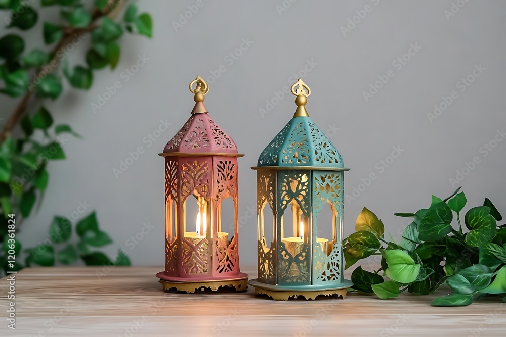 Obraz premium Arabic Lantern with a Burning Candle Inside Placed on Wooden Table