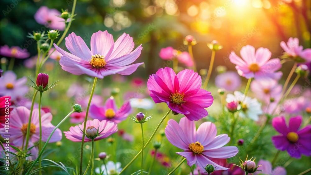 Vibrant Cosmos Flowers Blooming in Lush Green Garden Bed Vibrant Cosmos Flowers Blooming in Lush Green Garden Bed