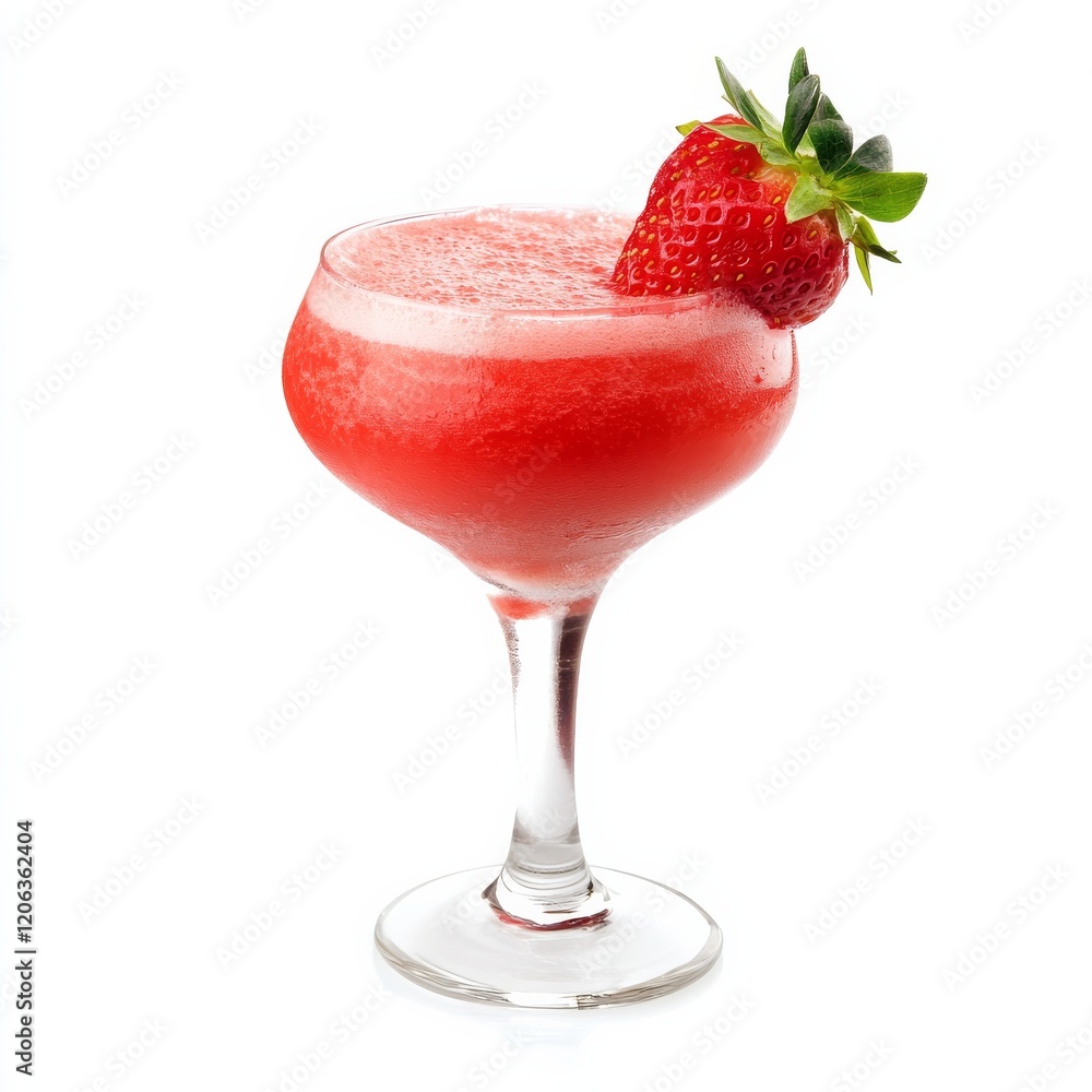 A fruity Strawberry Daiquiri with strawberry garnish, positioned against an isolated white background, abstract art style A fruity Strawberry Daiquiri with strawberry garnish, positioned against an isolated white background, abstract art style