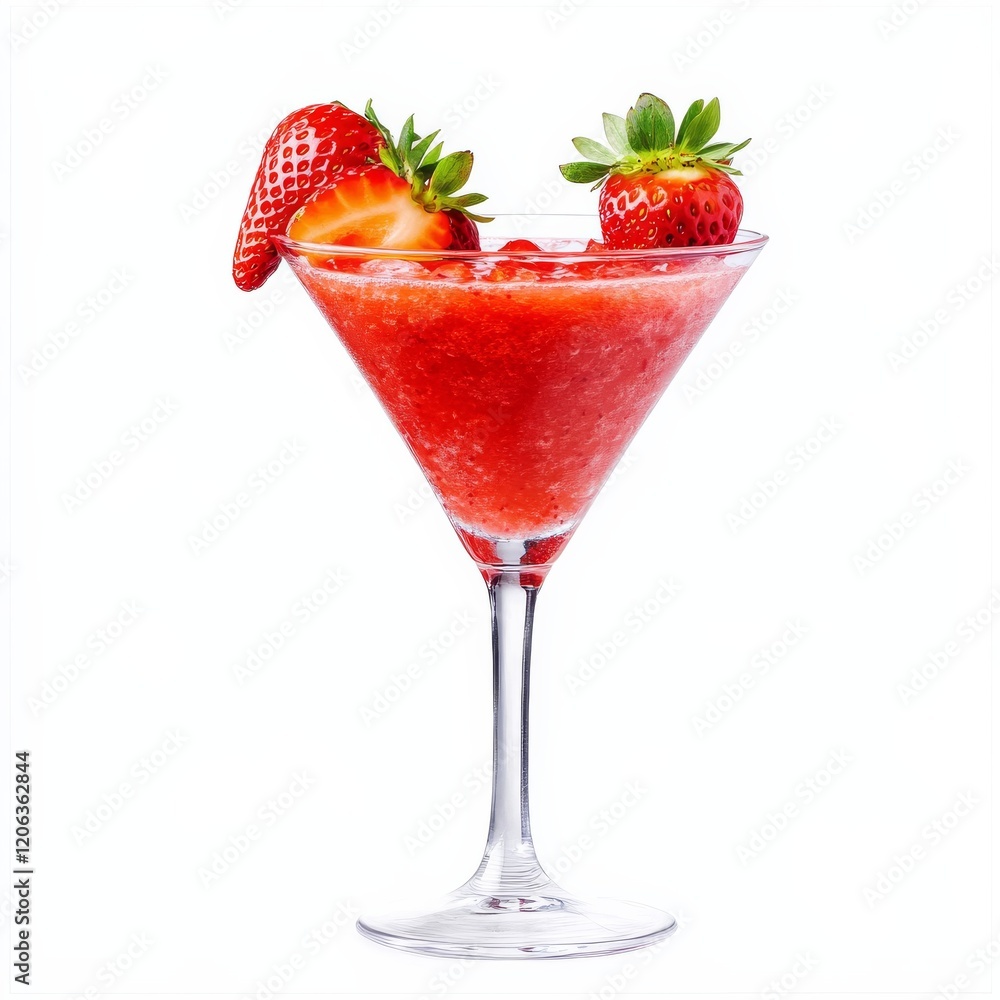 A fruity Strawberry Daiquiri with strawberry garnish, positioned against an isolated white background, impressionism art style A fruity Strawberry Daiquiri with strawberry garnish, positioned against an isolated white background, impressionism art style