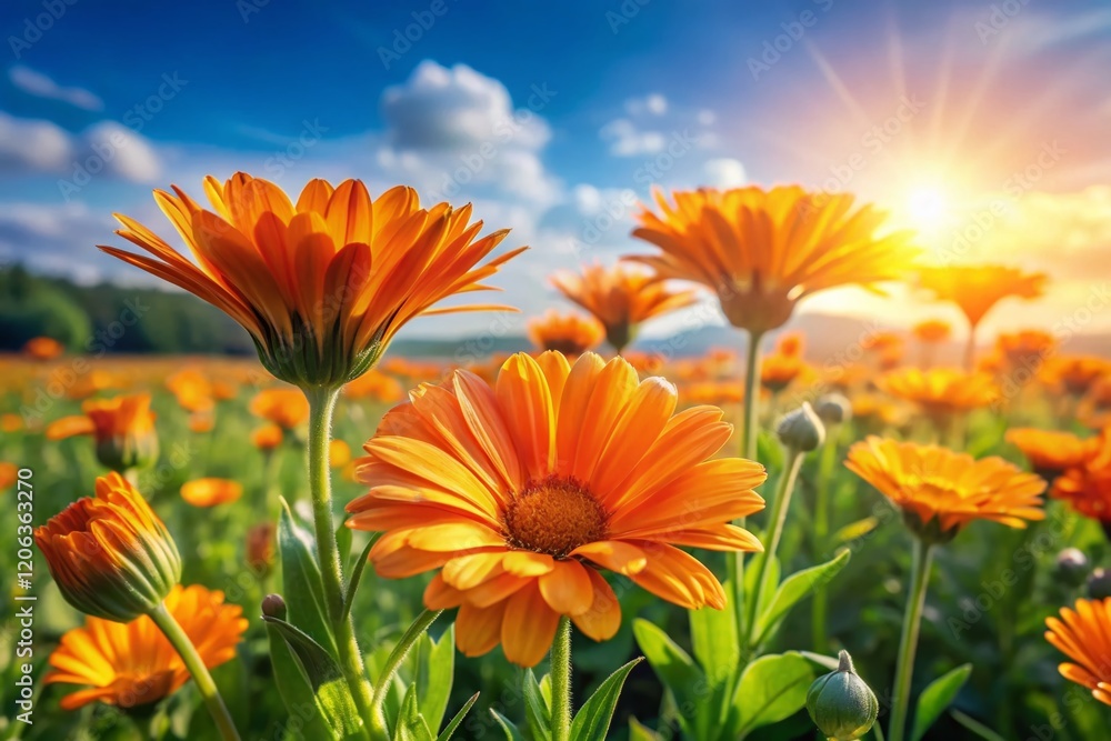 Vibrant Orange Calendula Officinalis Flowers in a Sunny Meadow Landscape Vibrant Orange Calendula Officinalis Flowers in a Sunny Meadow Landscape