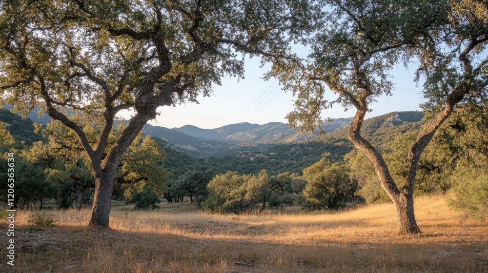 Majestic Oaks Frame Scenic Mountain Valley Landscape Majestic Oaks Frame Scenic Mountain Valley Landscape
