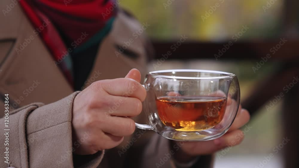 Lady with smile drinks tea sitting in cafe of park looking to side. Tea drinking arranged by lady to meet partner in cafe on autumn day. Lady relaxes and drinking tea in cafe in cold weather Lady with smile drinks tea sitting in cafe of park looking to side. Tea drinking arranged by lady to meet partner in cafe on autumn day. Lady relaxes and drinking tea in cafe in cold weather