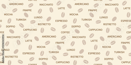 Coffee beans with words seamless pattern. Brown colored coffee grains for packaging or wrapping paper design