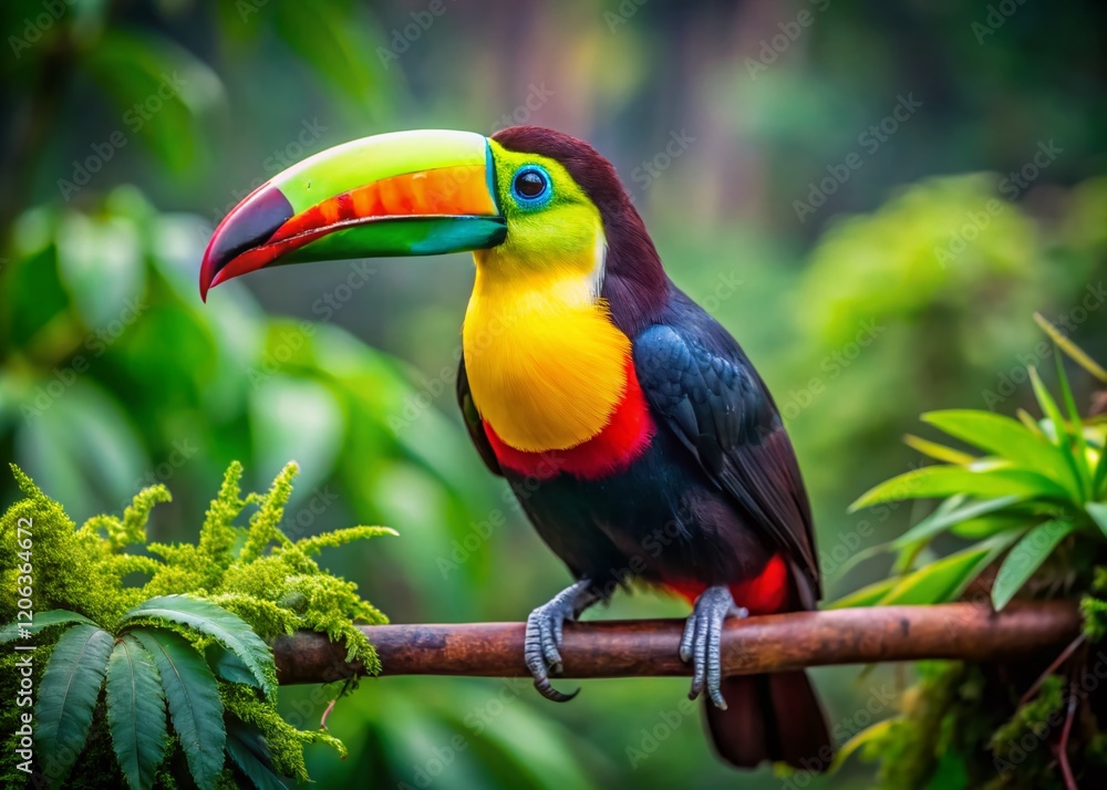 Obraz premium Vibrant Toucan Perched in Lush Green Tropical Foliage, High Depth of Field