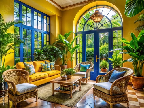 Vibrant Tropical Interior: Sunlit Yellow & Blue Room Design photo