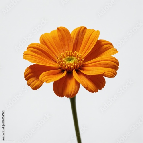 Closeup of a single, vibrant orange flower against a white background. photo