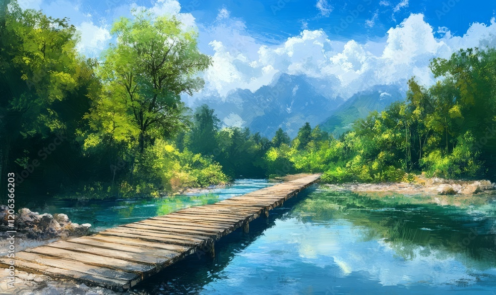 Fototapeta premium A sturdy wooden bridge stretching over a tranquil river under a blue sky, river, blue