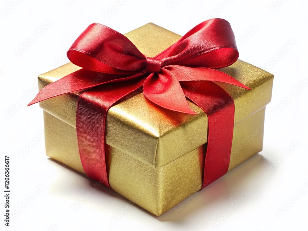 Obraz premium Vintage Golden Gift Box with Red Ribbon Bow - Isolated on White Background