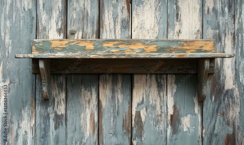 Cracked and worn wooden shelf with faded paint, weathered wood, old furniture, faded colors Cracked and worn wooden shelf with faded paint, weathered wood, old furniture, faded colors