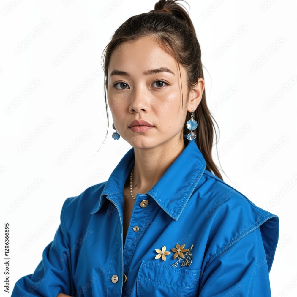 Portrait of a young Asian woman in a blue jacket, wearing earrings and a brooch. She has a serious expression and her hair is in a ponytail. Portrait of a young Asian woman in a blue jacket, wearing earrings and a brooch. She has a serious expression and her hair is in a ponytail.