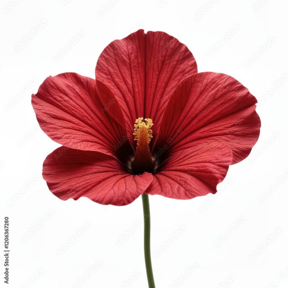 Closeup of a single, vibrant red hibiscus flower against a white background. Closeup of a single, vibrant red hibiscus flower against a white background.