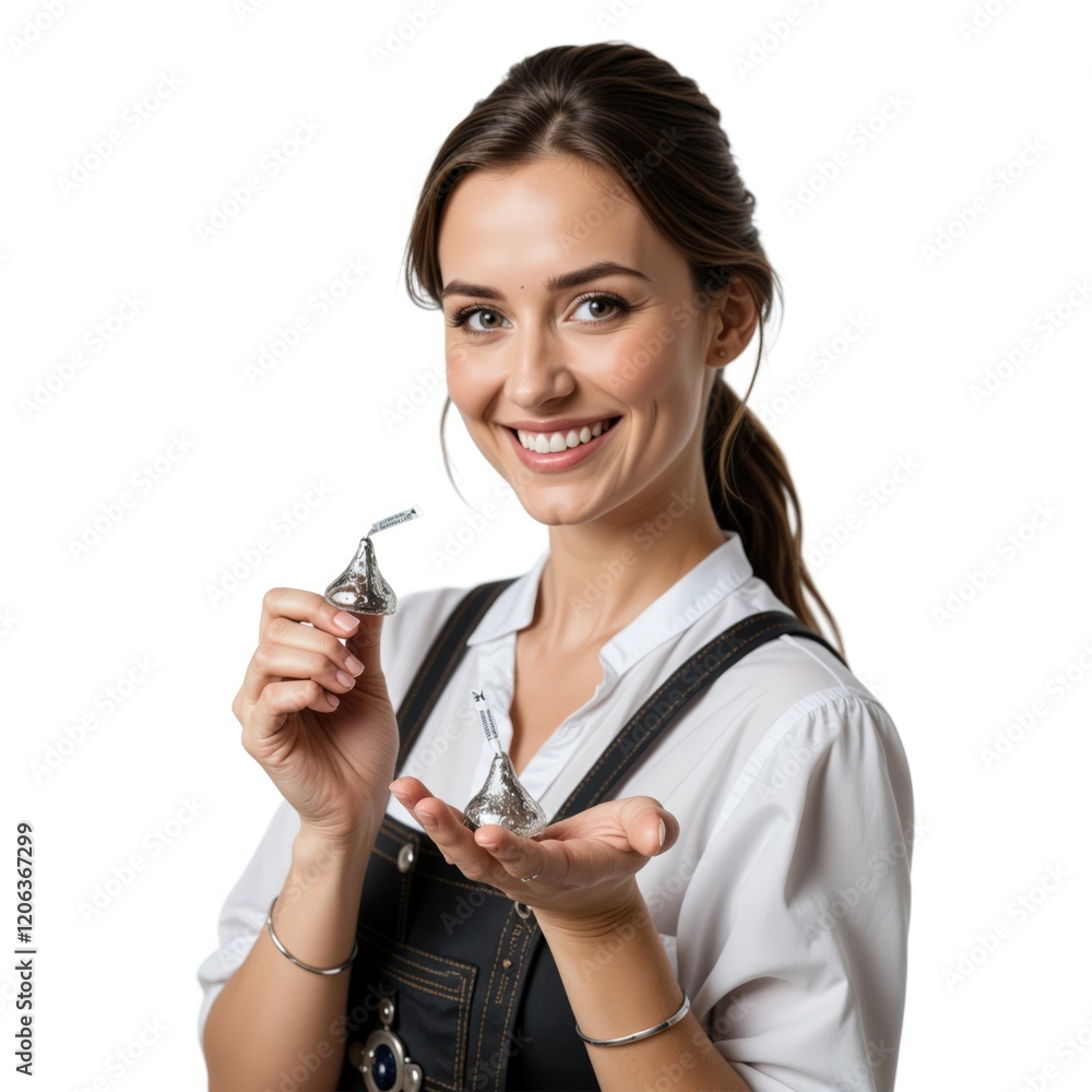 Closeup portrait of a smiling young woman holding two silver foil-wrapped chocolate kisses. Closeup portrait of a smiling young woman holding two silver foil-wrapped chocolate kisses.