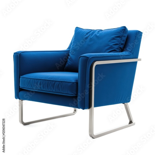 Blue velvet armchair with a silver metal frame, shown against a white background. photo